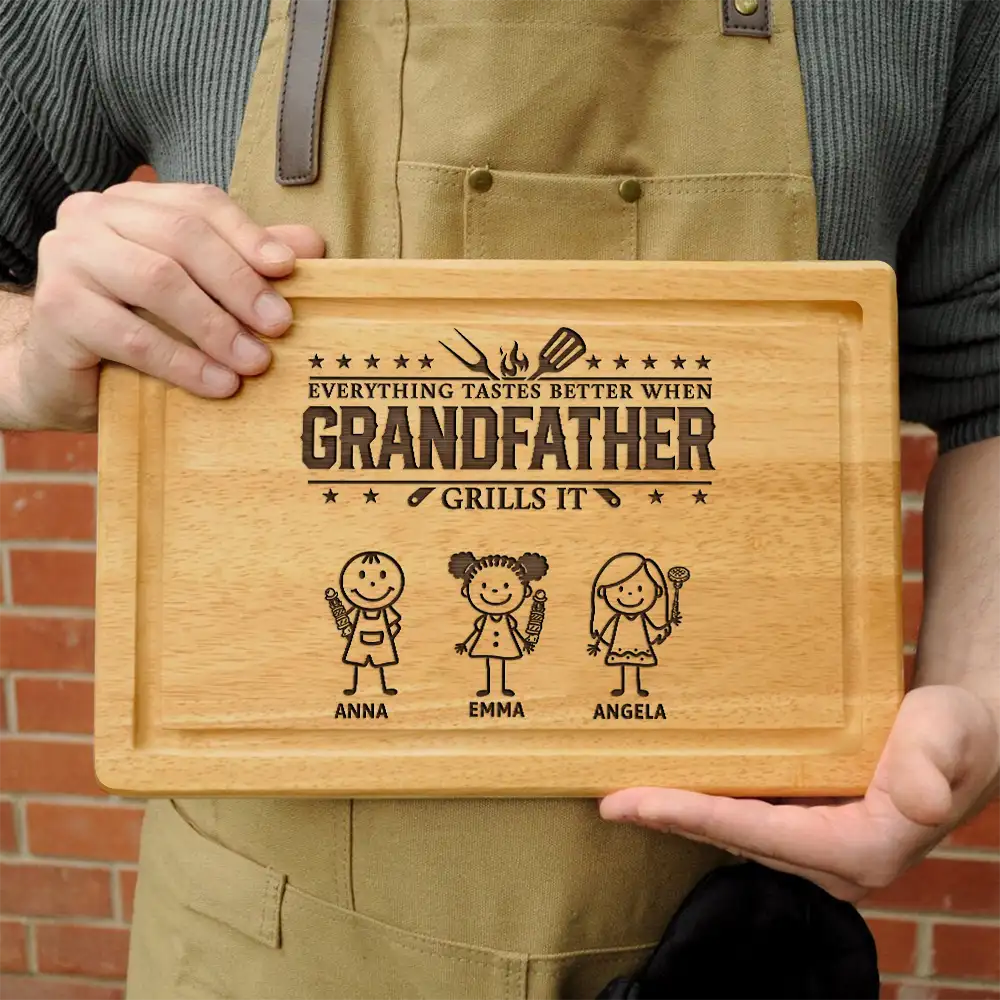 Gift For Father,Gift For Grandpa,Grilling,Top Market,Icon - Everything Tastes Better When Grandpa Daddy Grills It - Personalized Wooden Cutting Board