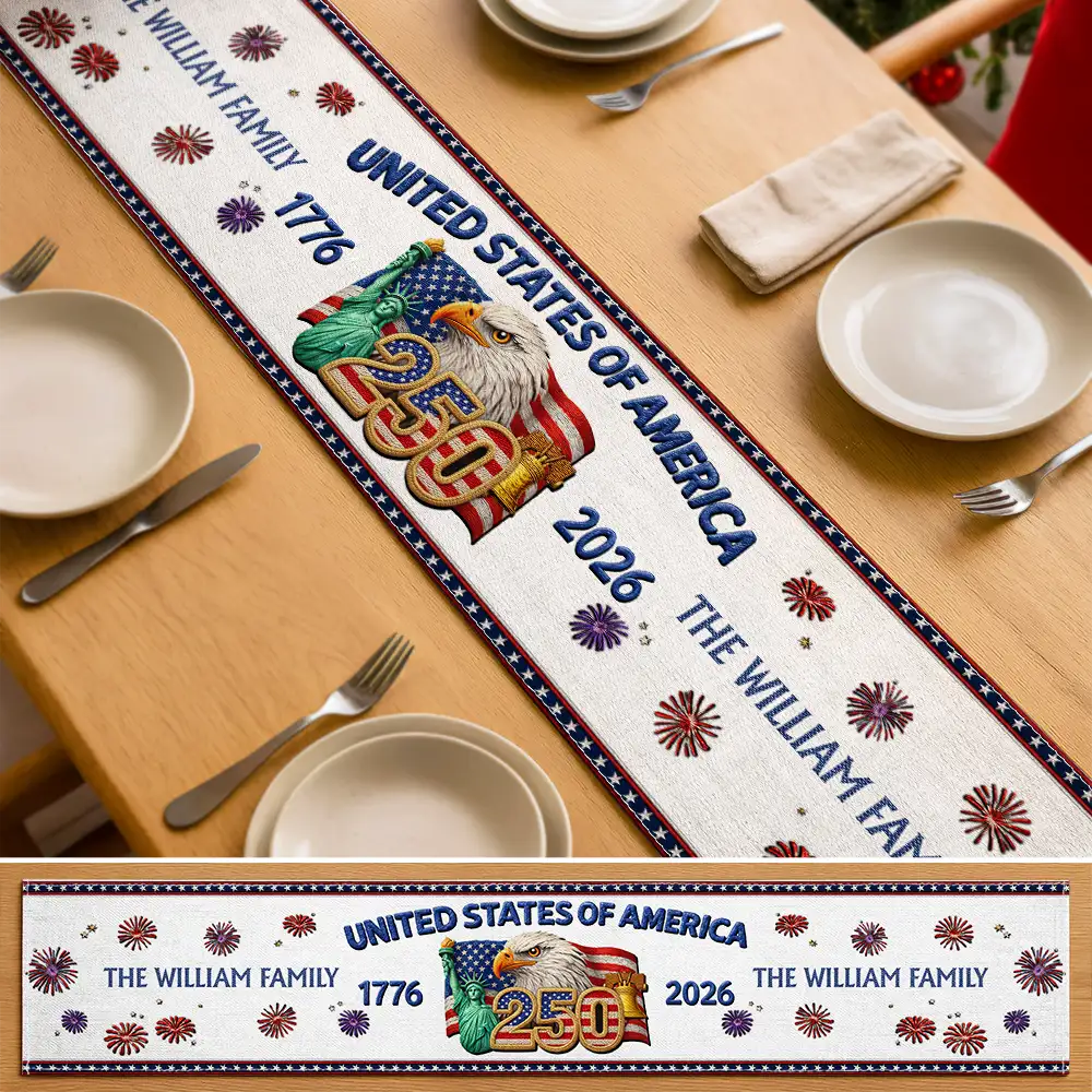 Independence Day,America 250th,Family,Proud - Faux Embroidery Effect America 250th Anniversary Family Name - Personalized Table Runner