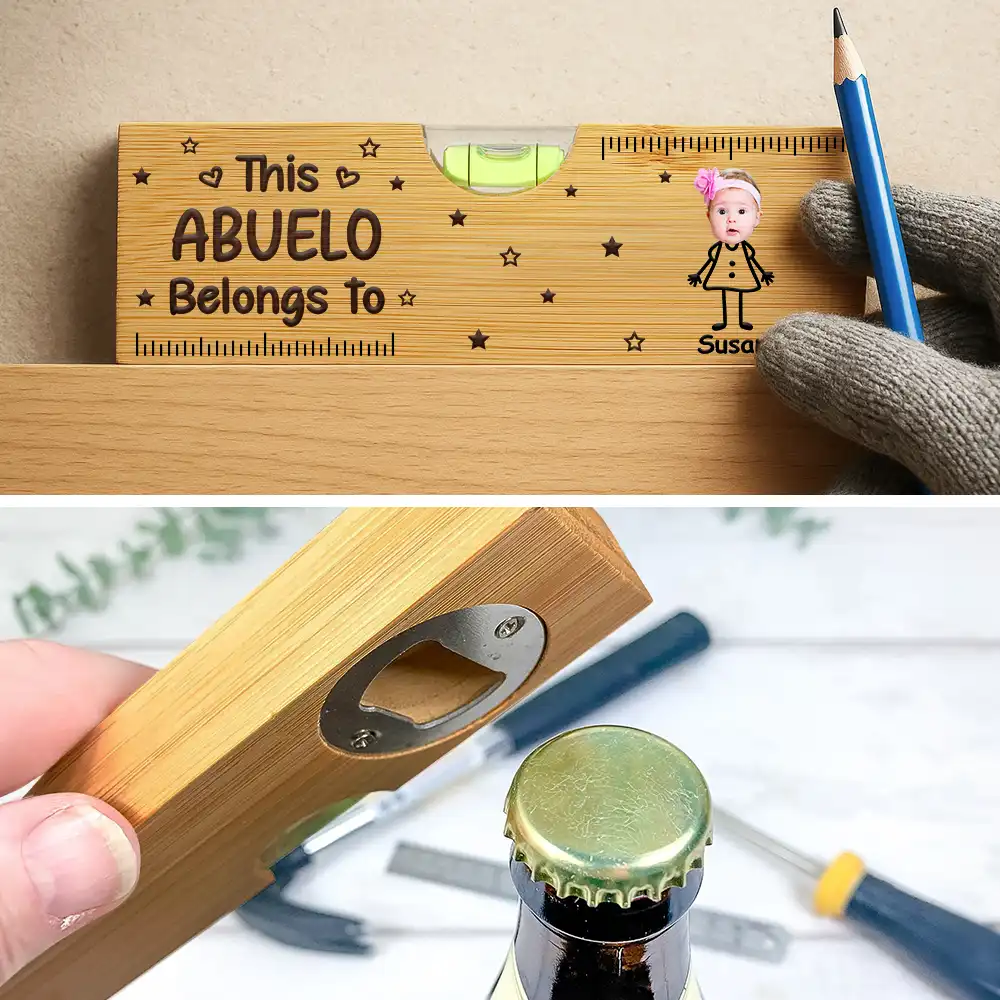 Gift For Father,Gift For Grandpa,Happy,Non-Eng,Photo,Icon,Humorous - Custom Photo This Grandpa Grandma Belongs To Kids Pet - Personalized Bottle Opener Wood Level