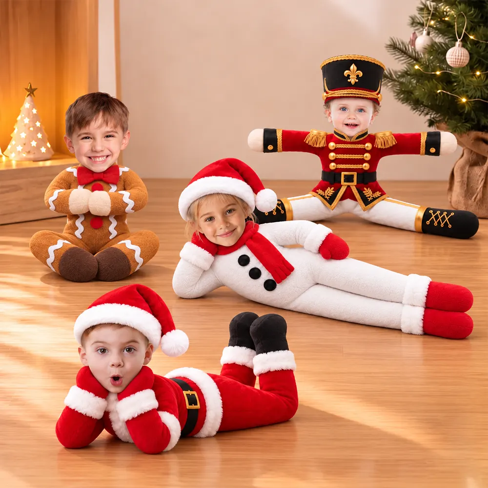 Art Design,Christmas,Custom Photo,Gift For Kids,Humorous,Photo - Christmas Kid Poseable Body Doll - Funny Gift For Kids, Grandkids - Personalized Custom Photo Christmas Kids Costume Santa Gingerbread Elf Poseable Plush Doll