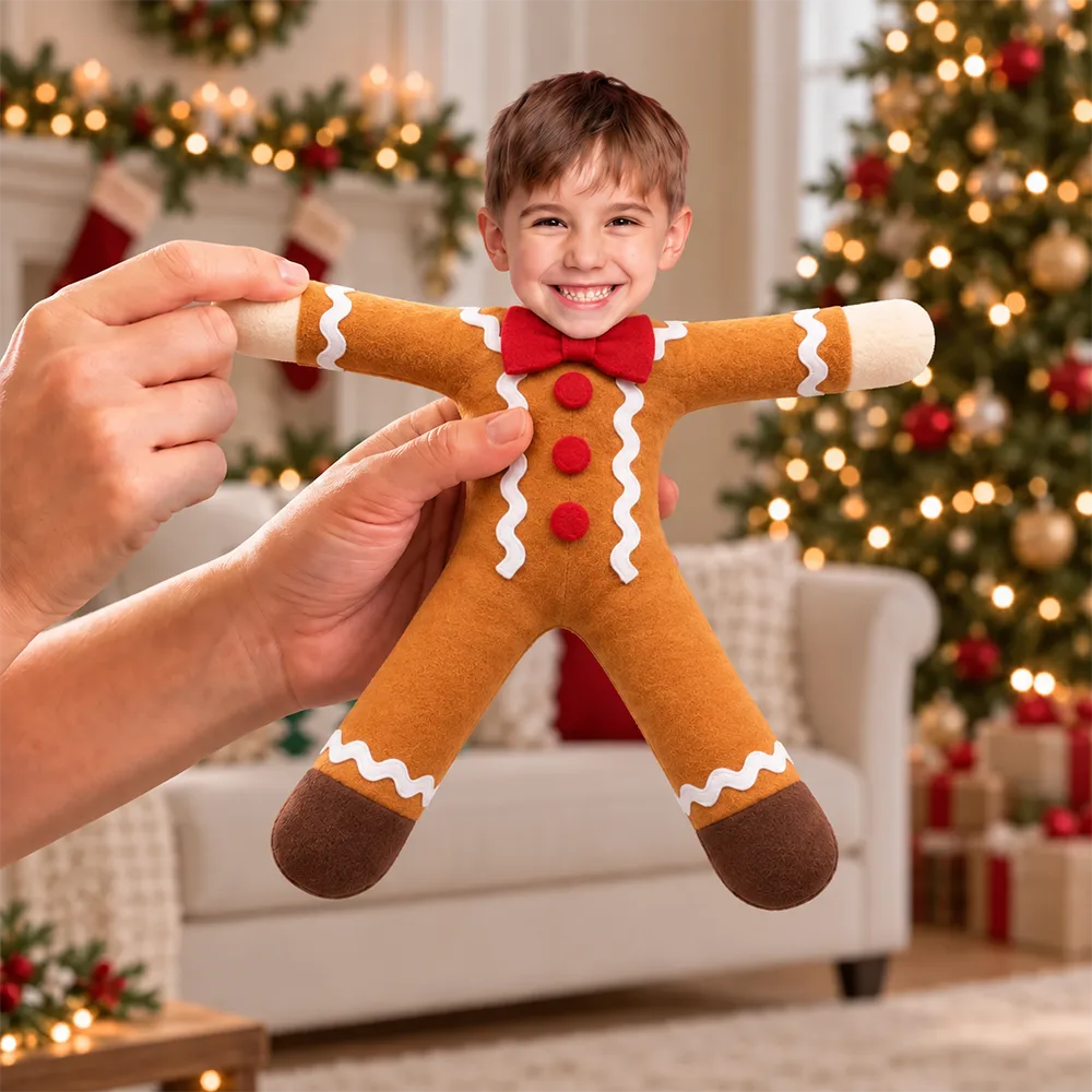 Art Design,Christmas,Custom Photo,Gift For Kids,Humorous,Photo - Christmas Kid Poseable Body Doll - Funny Gift For Kids, Grandkids - Personalized Custom Photo Christmas Kids Costume Santa Gingerbread Elf Poseable Plush Doll