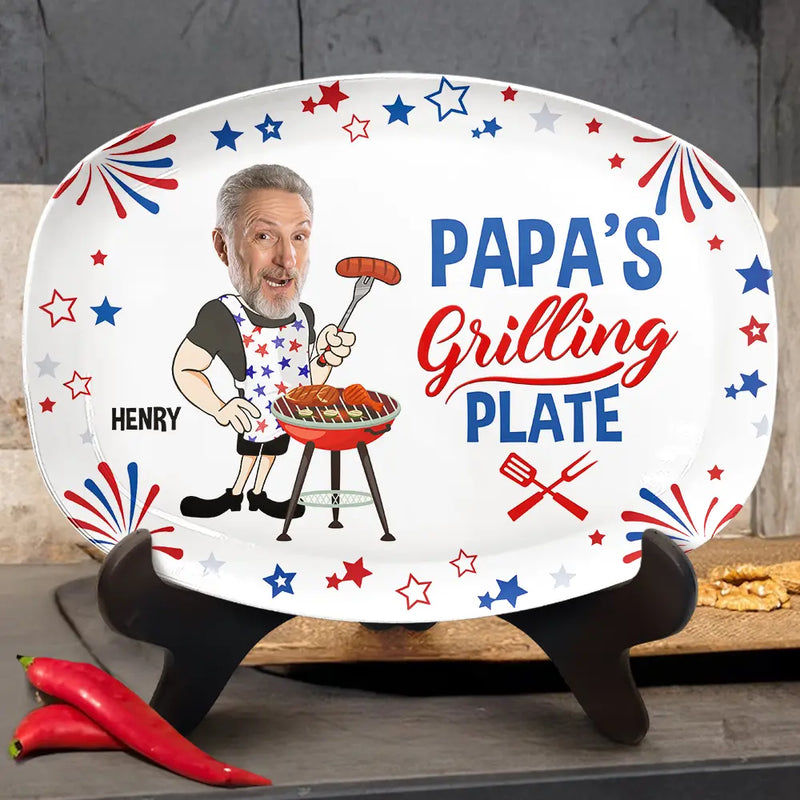 Custom Photo,Gift For Grandpa,Gift For Father,Photo,Proud - Custom Photo Papa's Grilling Plate Stars & Strips - Personalized Plate