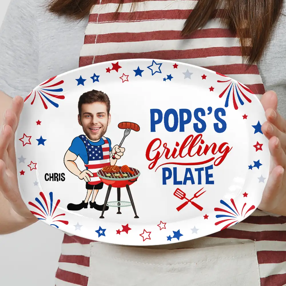 Custom Photo,Gift For Grandpa,Gift For Father,Photo,Proud - Custom Photo Papa's Grilling Plate Stars & Strips - Personalized Plate