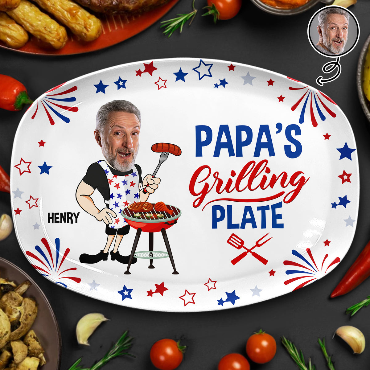 Custom Photo,Gift For Grandpa,Gift For Father,Photo,Proud - Custom Photo Papa's Grilling Plate Stars & Strips - Personalized Plate