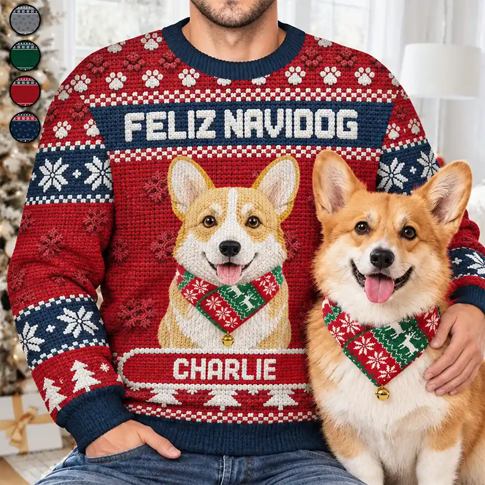 Christmas Gift For Pet Lovers - Personalized Custom Photo Crochet Pet Feliz Navidog Unisex Ugly Sweater