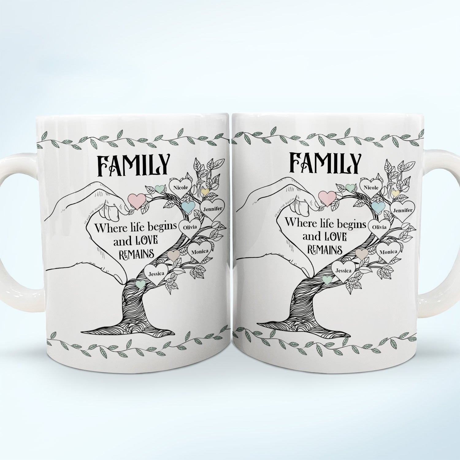 Life Begins And Love Remains - Gift For Couple, Mom, Dad, Family - Personalized White Edge-to-Edge Mug