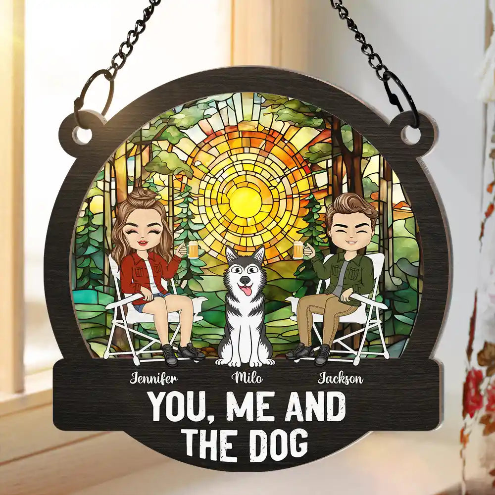 Camping You, Me And The Dogs - Personalized Window Hanging Suncatcher Ornament