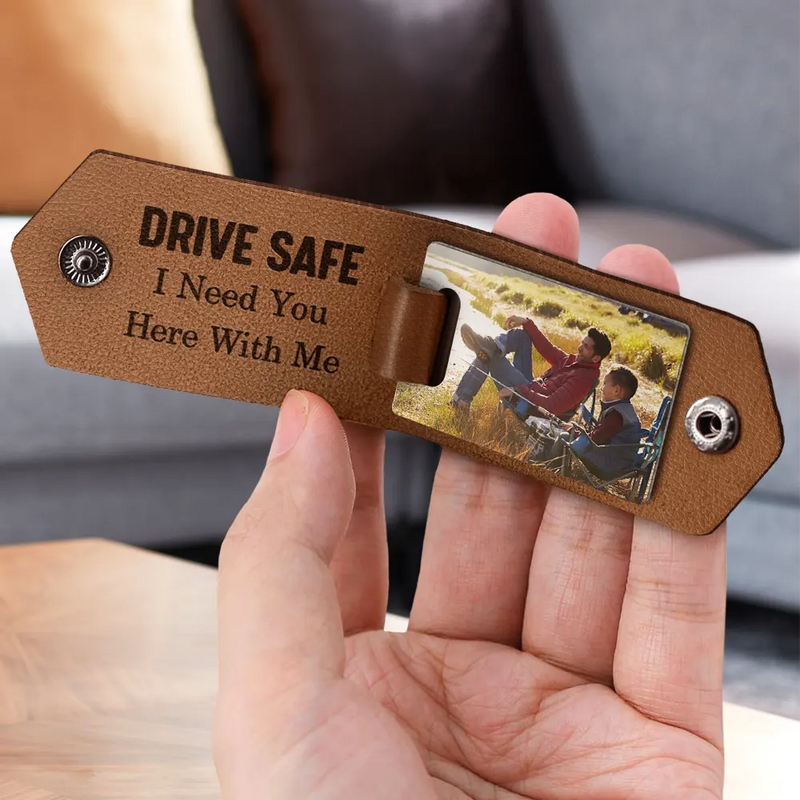 Custom Photo Dad Drive Safe With Kids Names - Personalized Leather Photo Keychain