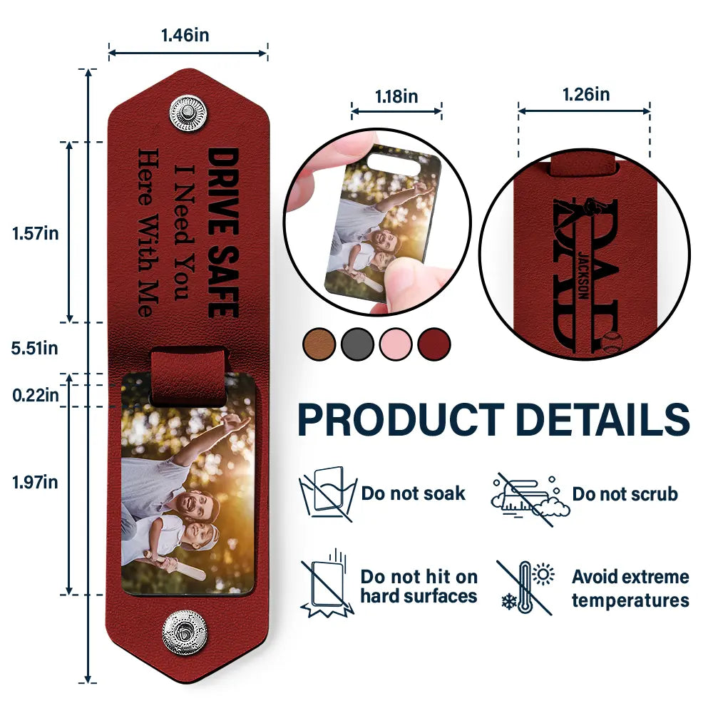 Custom Photo Dad Drive Safe With Kids Names - Personalized Leather Photo Keychain