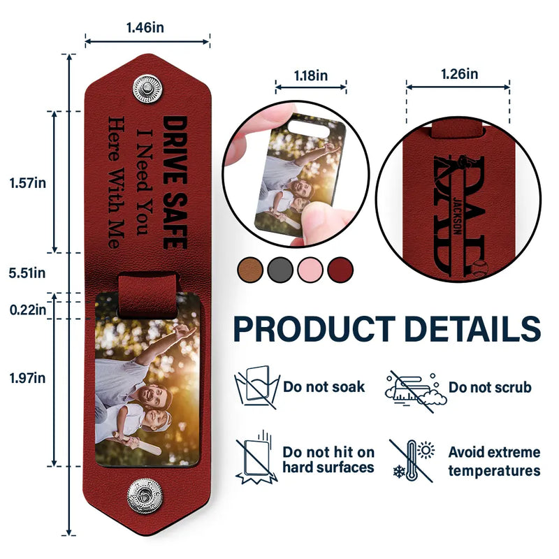 Custom Photo Dad Drive Safe With Kids Names - Personalized Leather Photo Keychain