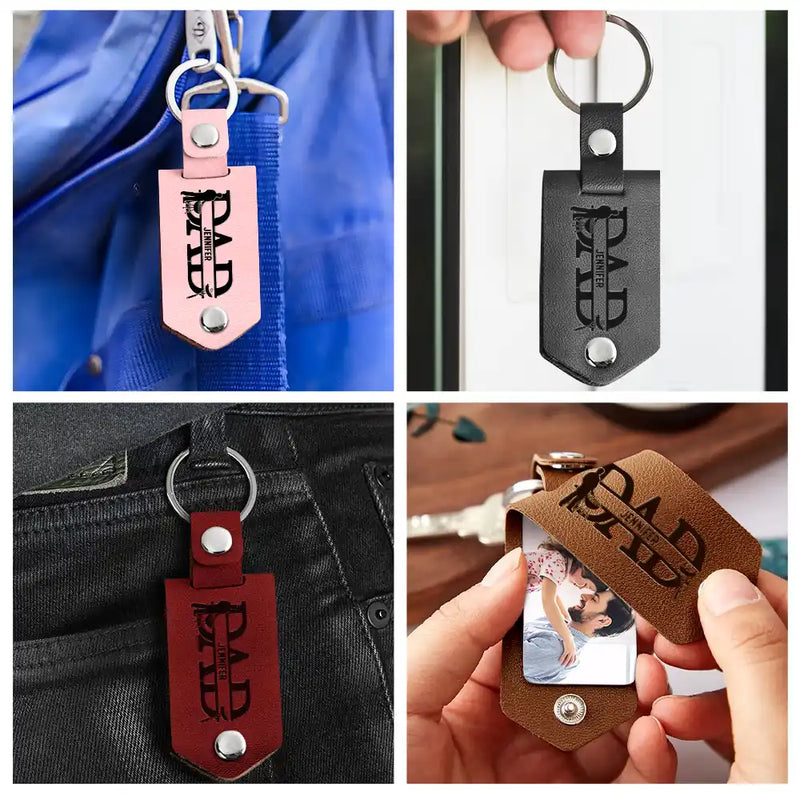 Custom Photo Dad Drive Safe With Kids Names - Personalized Leather Photo Keychain