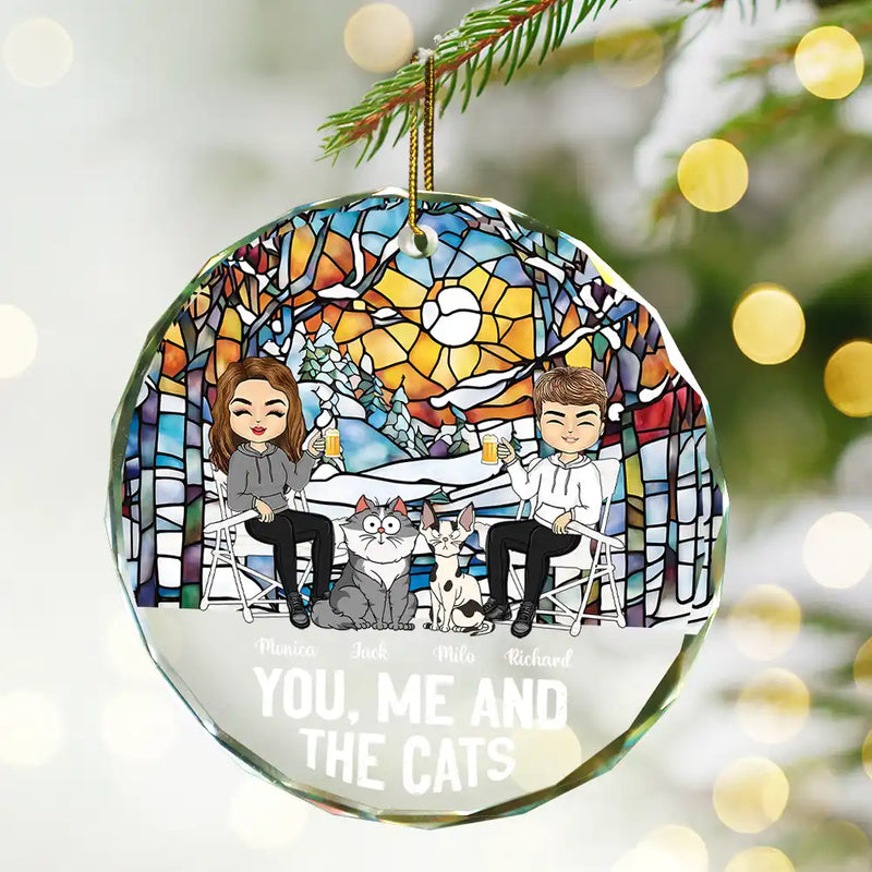 You, Me And The Cat - Personalized Circle Glass Ornament