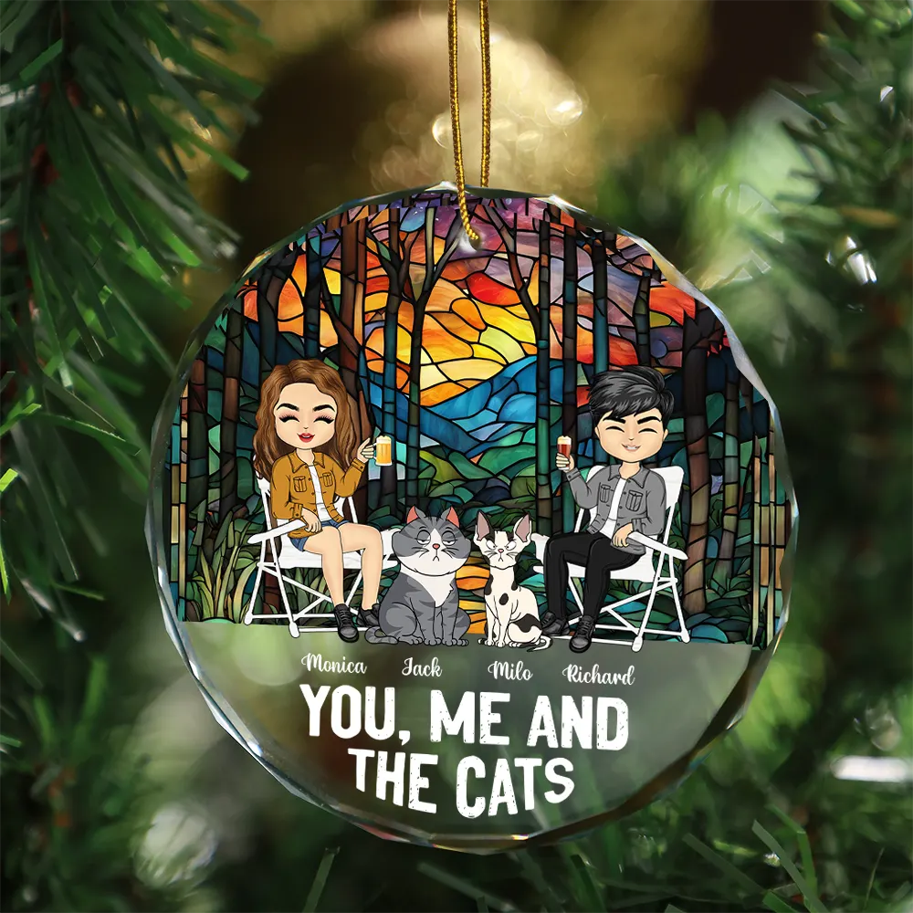You, Me And The Cat - Personalized Circle Glass Ornament