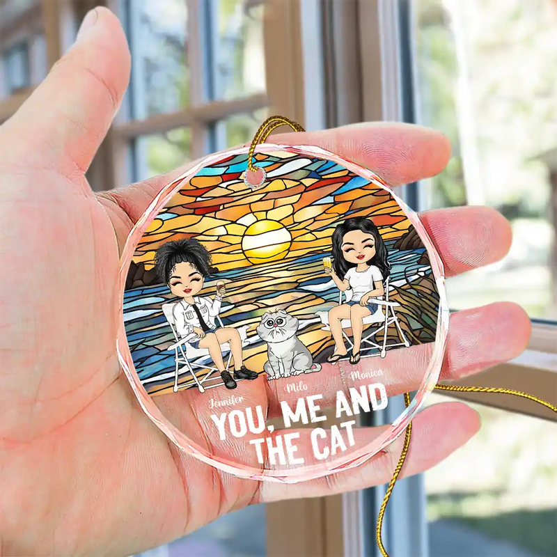 You, Me And The Cat - Personalized Circle Glass Ornament