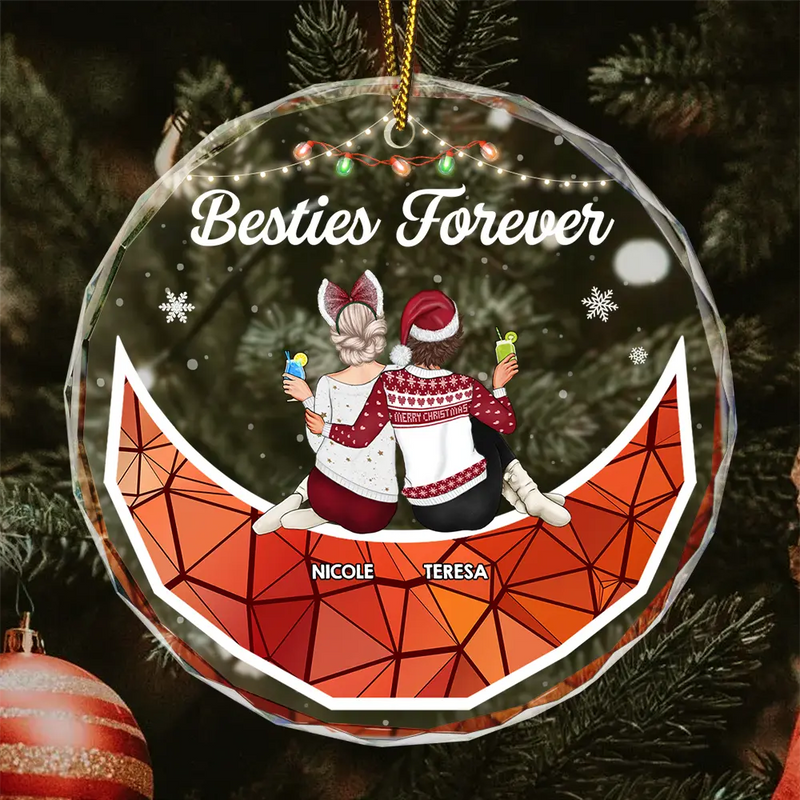 Christmas Bestie On Moon Besties Forever - Personalized Circle Glass Ornament