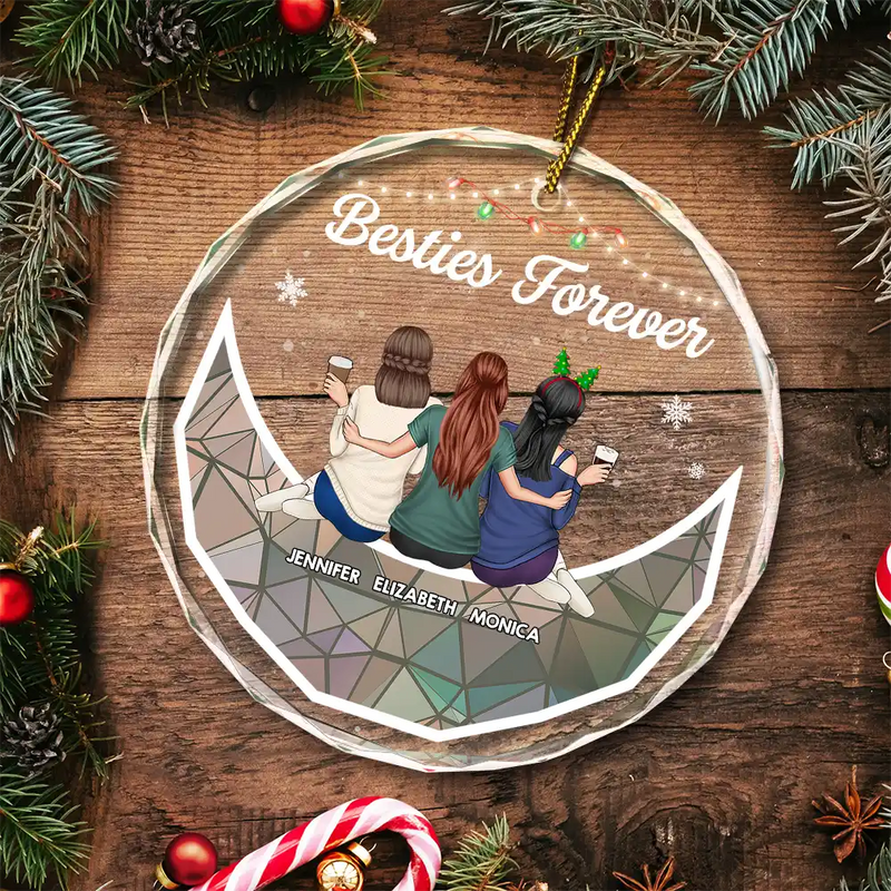 Christmas Bestie On Moon Besties Forever - Personalized Circle Glass Ornament