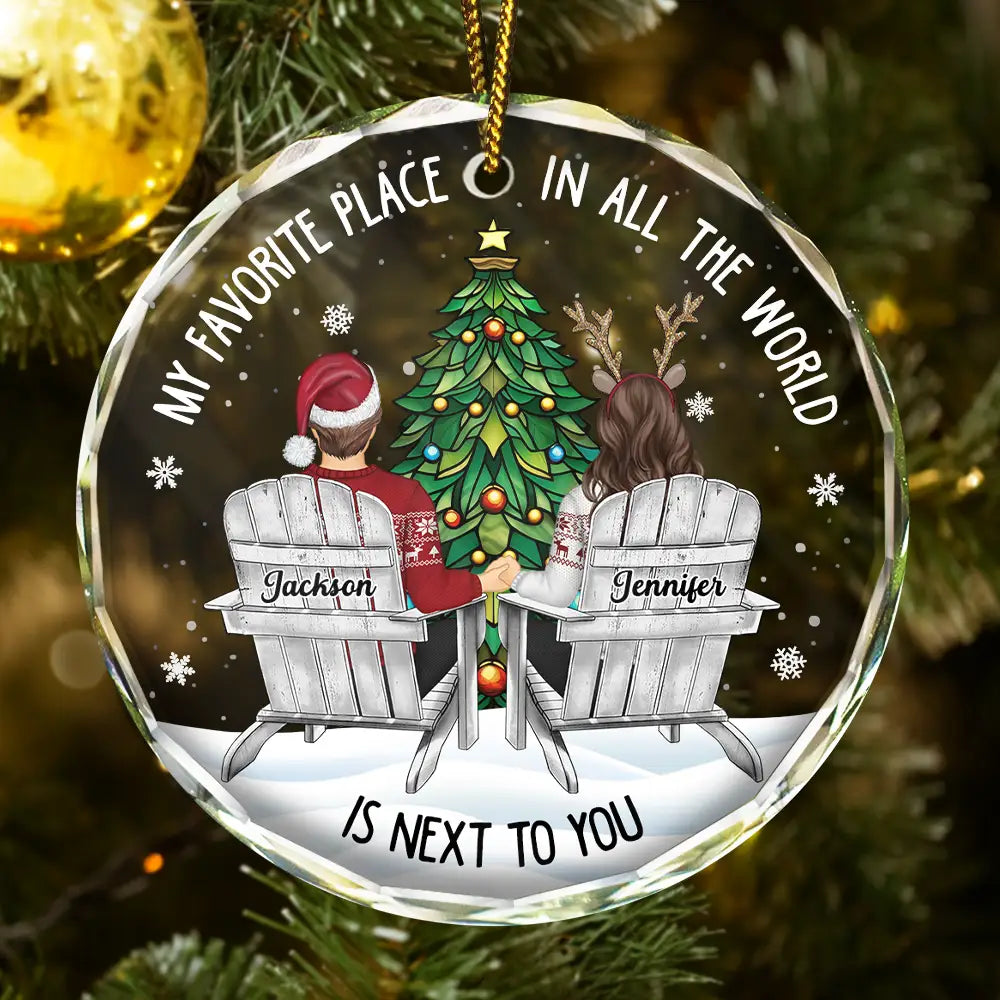Couple Sitting Christmas Favorite Place In All The World - Personalized Circle Glass Ornament