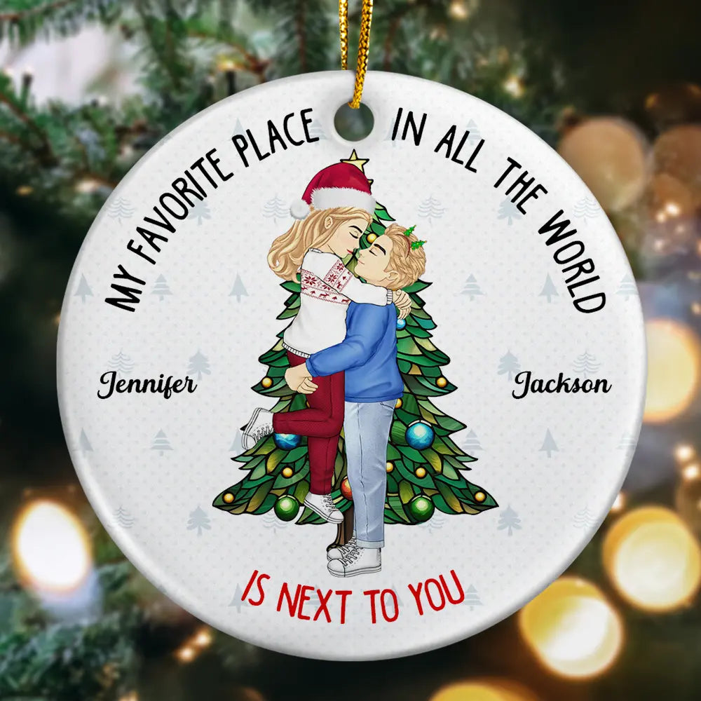 Christmas Couple Kissing My Favorite Place In All The World - Personalized Circle Ceramic Ornament