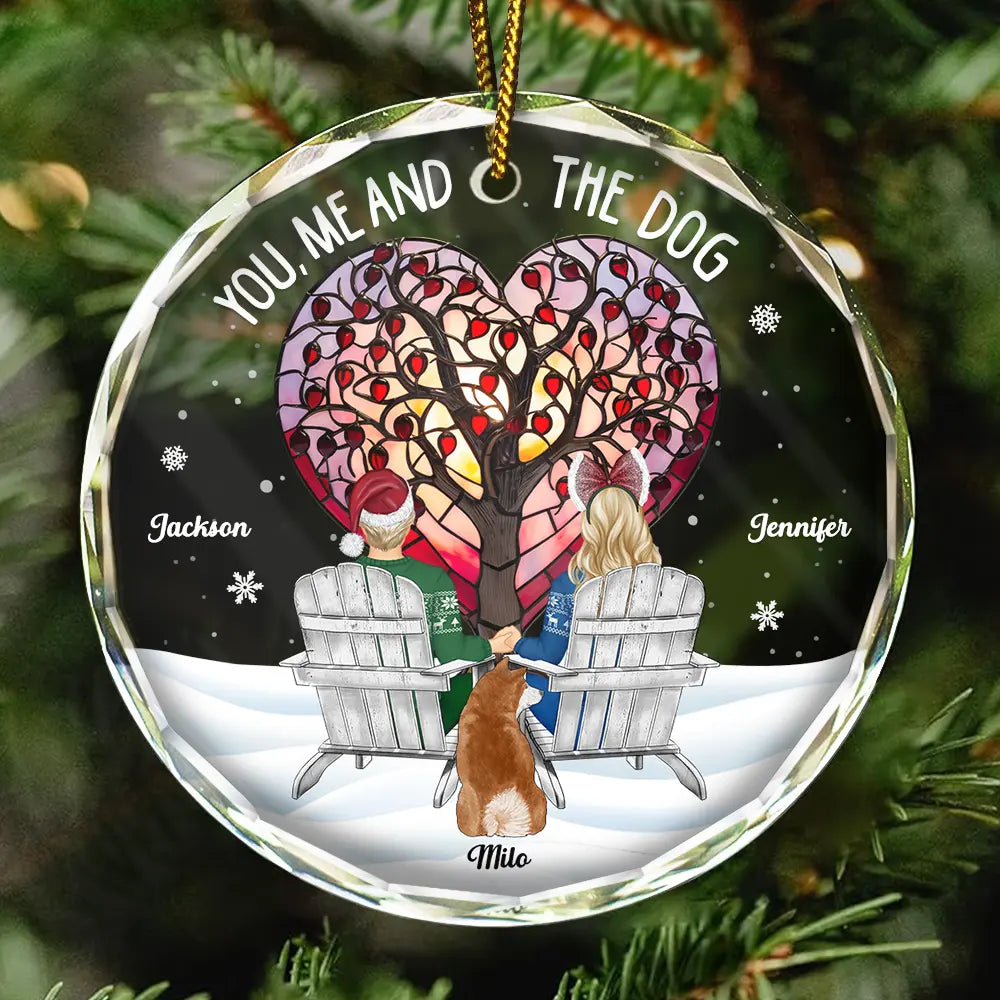 Christmas Love Tree You, Me And The Dog Cat - Personalized Circle Glass Ornament