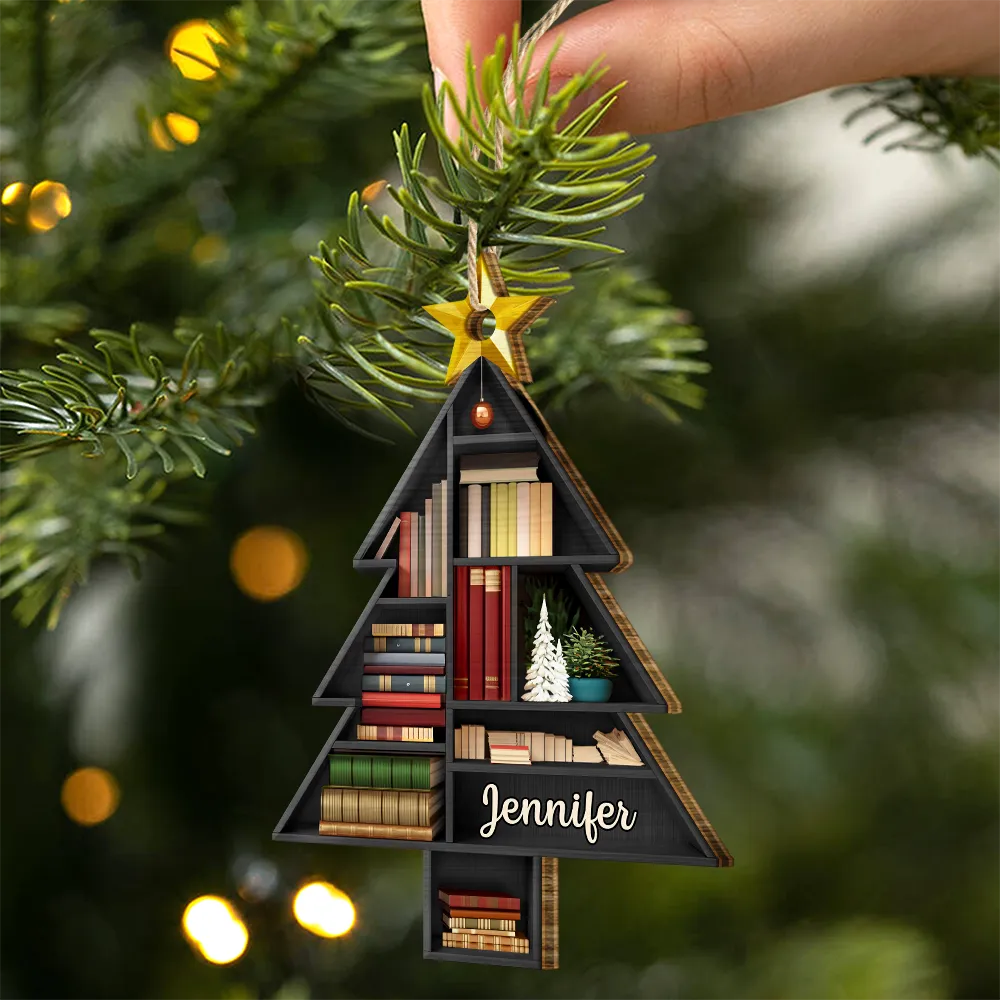 Reading, Gift For Yourself - Reading Bookshelves Christmas Tree Shape - Personalized Custom Shaped Wooden Ornament