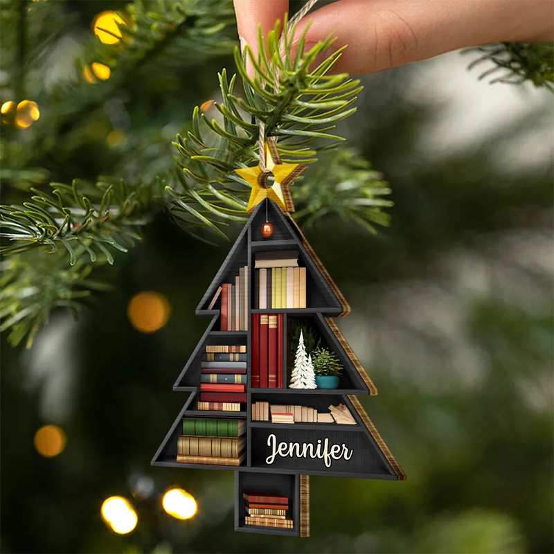 Reading, Gift For Yourself - Reading Bookshelves Christmas Tree Shape - Personalized Custom Shaped Wooden Ornament