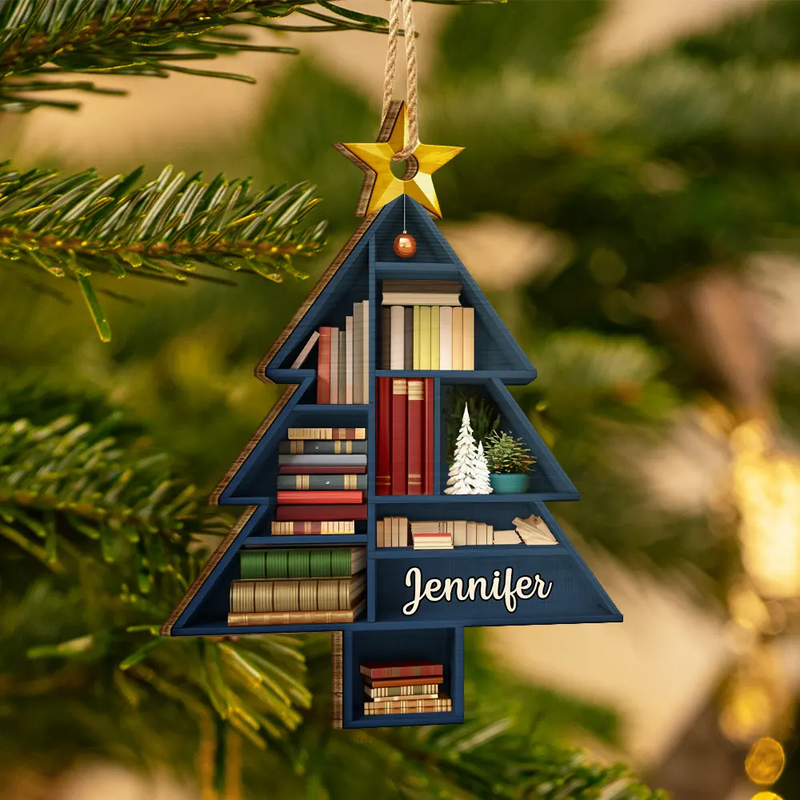 Reading, Gift For Yourself - Reading Bookshelves Christmas Tree Shape - Personalized Custom Shaped Wooden Ornament