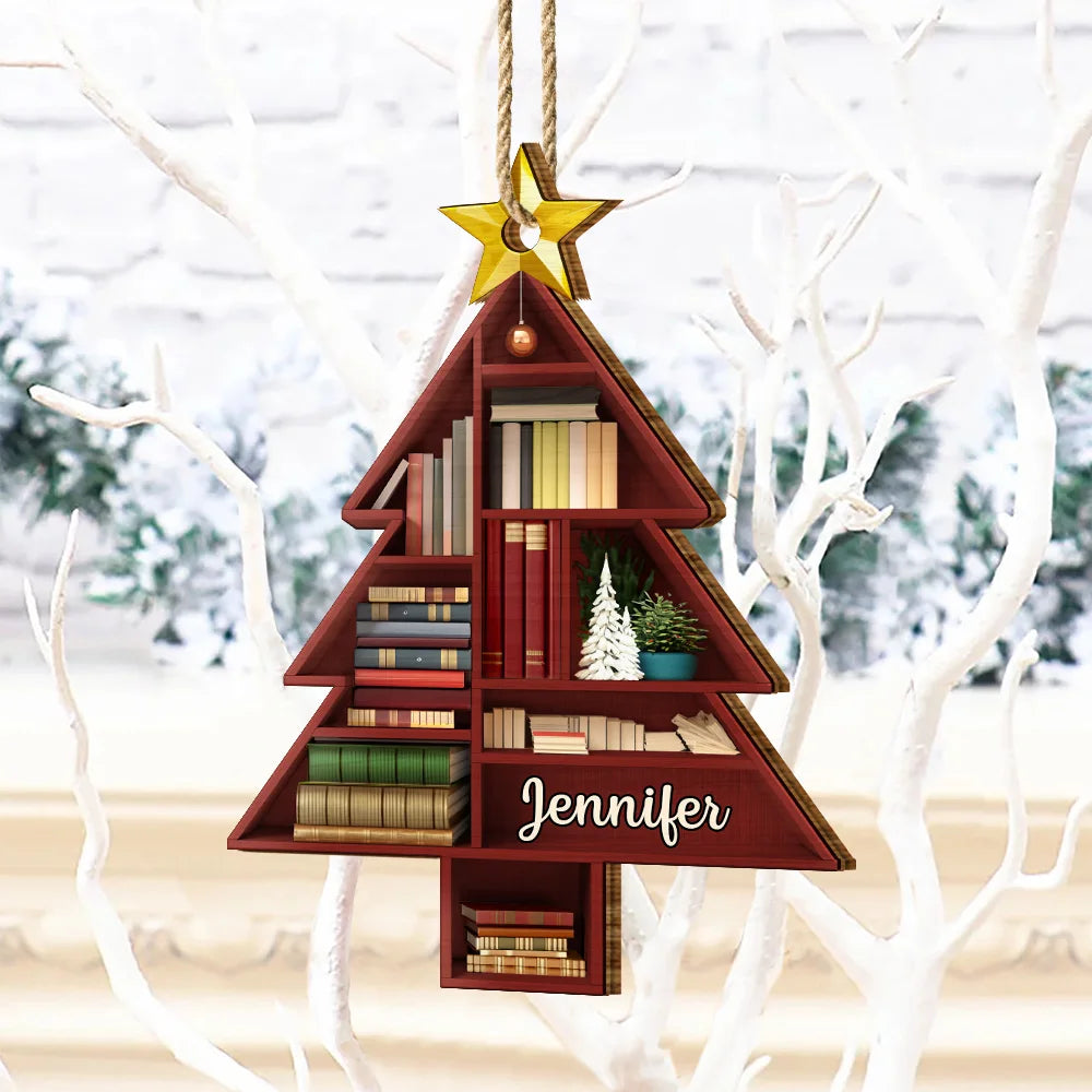 Reading, Gift For Yourself - Reading Bookshelves Christmas Tree Shape - Personalized Custom Shaped Wooden Ornament