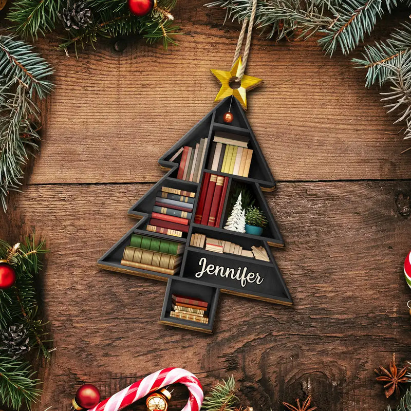 Reading, Gift For Yourself - Reading Bookshelves Christmas Tree Shape - Personalized Custom Shaped Wooden Ornament