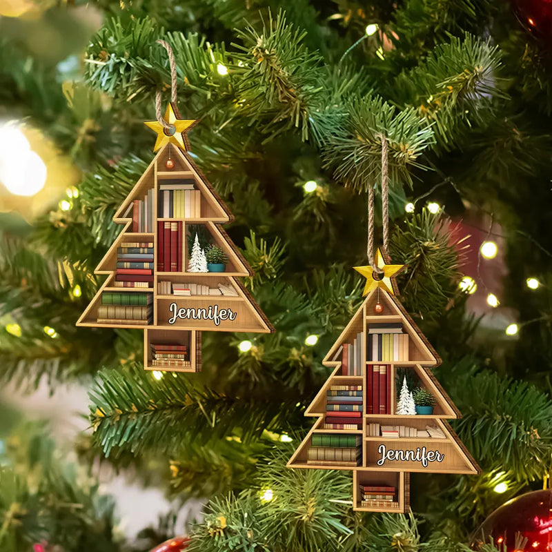 Reading, Gift For Yourself - Reading Bookshelves Christmas Tree Shape - Personalized Custom Shaped Wooden Ornament