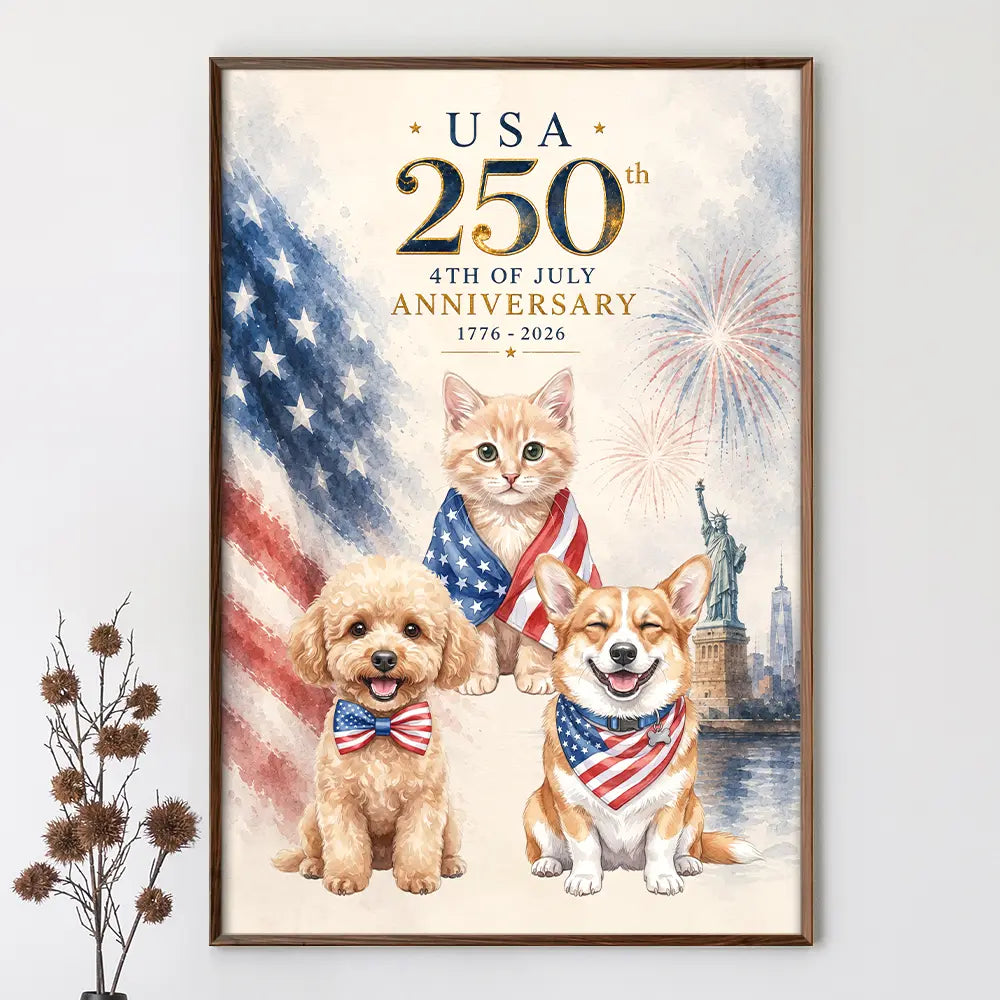 America 250th,Custom Photo,Independence Day,Art Design,Pet Lovers,Playful,Photo - US Theme Accessories Watercolor - Custom Photo Watercolor With US Accessories 250th Anniversary Fourth Of July - Personalized Poster
