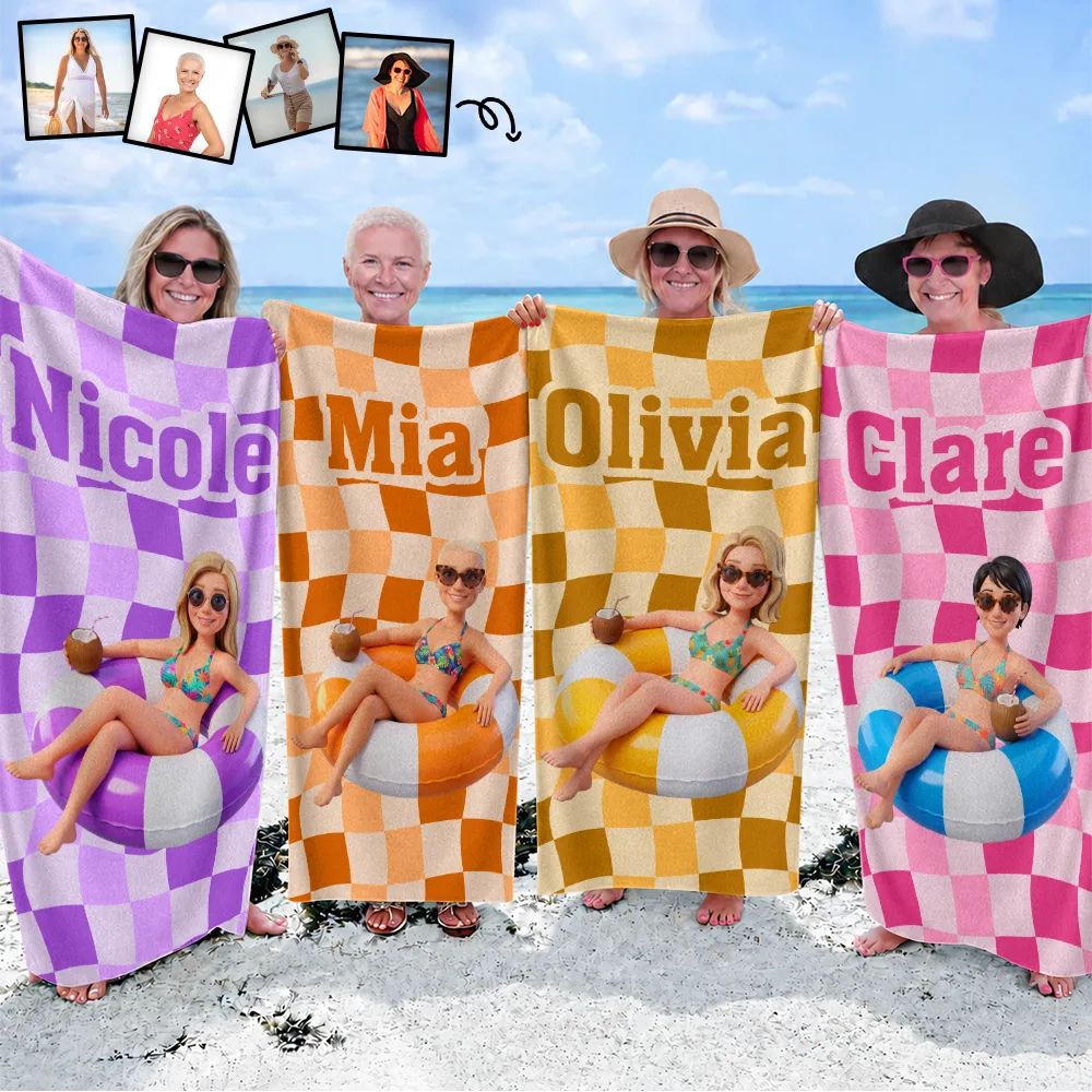 Summer, Family, Playful - Custom Photo 3D Summer Concept Poolside Beach Vacation Family Pet Kid - Personalized Beach Towel