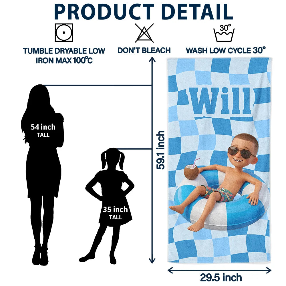 Summer, Family, Playful -Custom Photo 3D Summer Concept Poolside Beach Vacation Family Pet Kid - Personalized Beach Towel