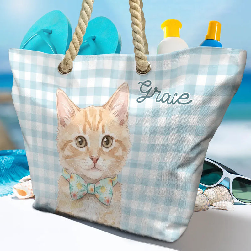 Custom Photo, Art Design, Summer, Pet Lovers, Playful, Photo - Watercolor Summer Pet With Accessories - Custom Photo Watercolor Pet With Summer Accessories Pet Portrait - Personalized Beach Bag