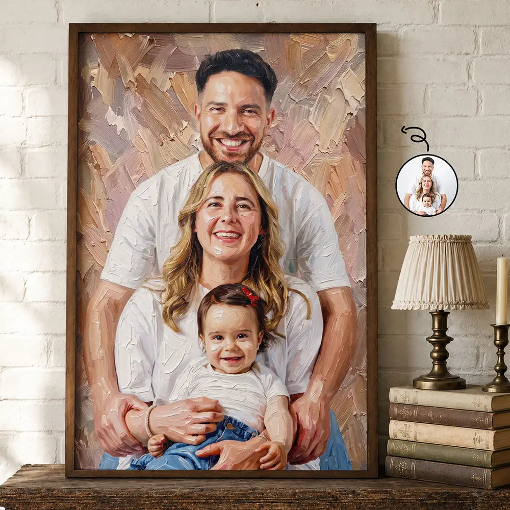 Custom Photo Oil Painting Happy Family Dad Mom Kid Pet - Personalized Poster