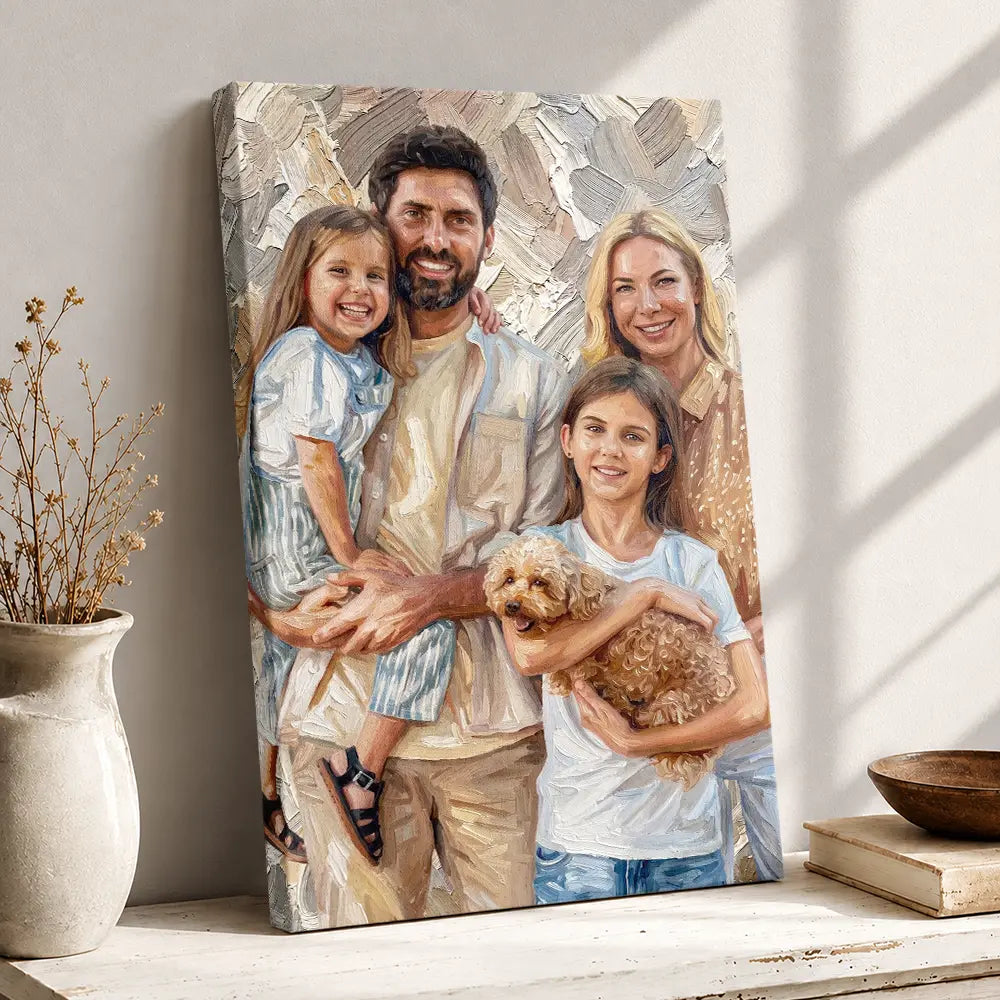 Art Design, Custom Photo, Cozy, Family, Photo - Oil Painting - Custom Photo Oil Painting Happy Family Dad Mom Kid Pet - Personalized Poster