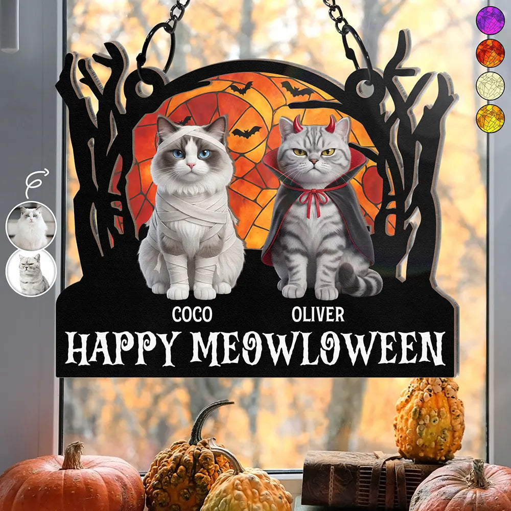 Custom Photo 3D Halloween Themed Pet Happy Meowloween - Personalized Window Hanging Suncatcher Ornament