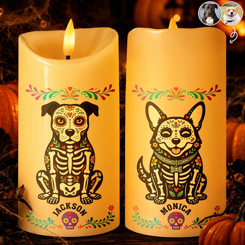Top Market,Art Design,Playful,Halloween,Pet Lovers,Photo - Hispanic Mexican Flowers Pet - Custom Photo Hispanic Pet Day Of The Dead - Personalized Flameless LED Candle