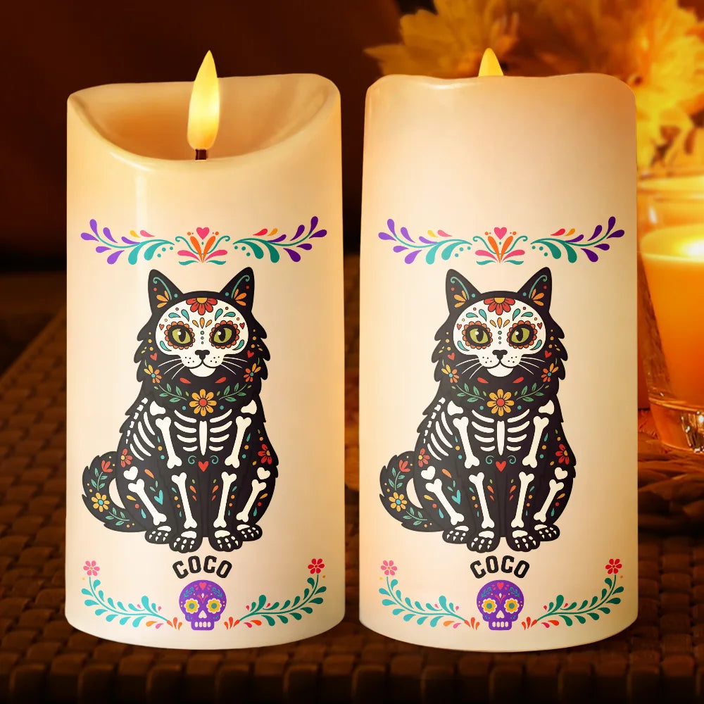 Top Market,Art Design,Playful,Halloween,Pet Lovers,Photo - Hispanic Mexican Flowers Pet - Custom Photo Hispanic Pet Day Of The Dead - Personalized Flameless LED Candle