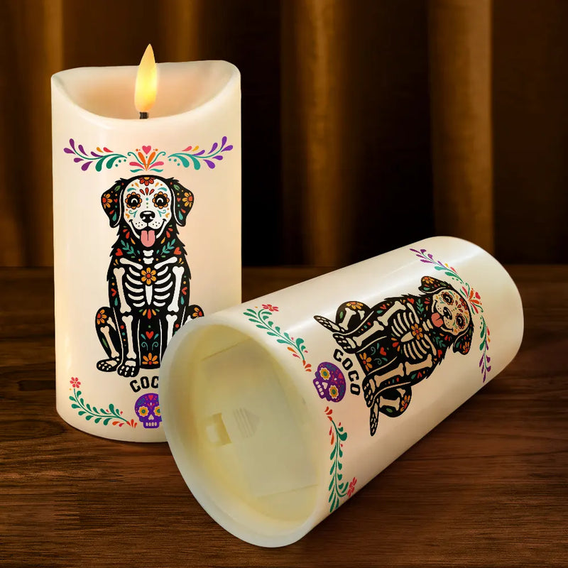 Top Market,Art Design,Playful,Halloween,Pet Lovers,Photo - Hispanic Mexican Flowers Pet - Custom Photo Hispanic Pet Day Of The Dead - Personalized Flameless LED Candle