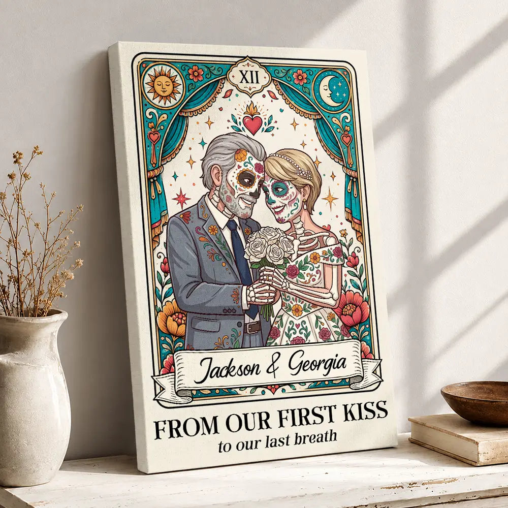 Art Design,Halloween,Romantic,Gift For Couples,Photo - Skeleton Day Of The Dead - Custom Photo Sugar Skull Cartoon Couple Till Death Do Us Part - Personalized Poster