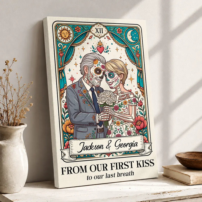 Art Design,Halloween,Romantic,Gift For Couples,Photo - Skeleton Day Of The Dead - Custom Photo Sugar Skull Cartoon Couple Till Death Do Us Part - Personalized Poster