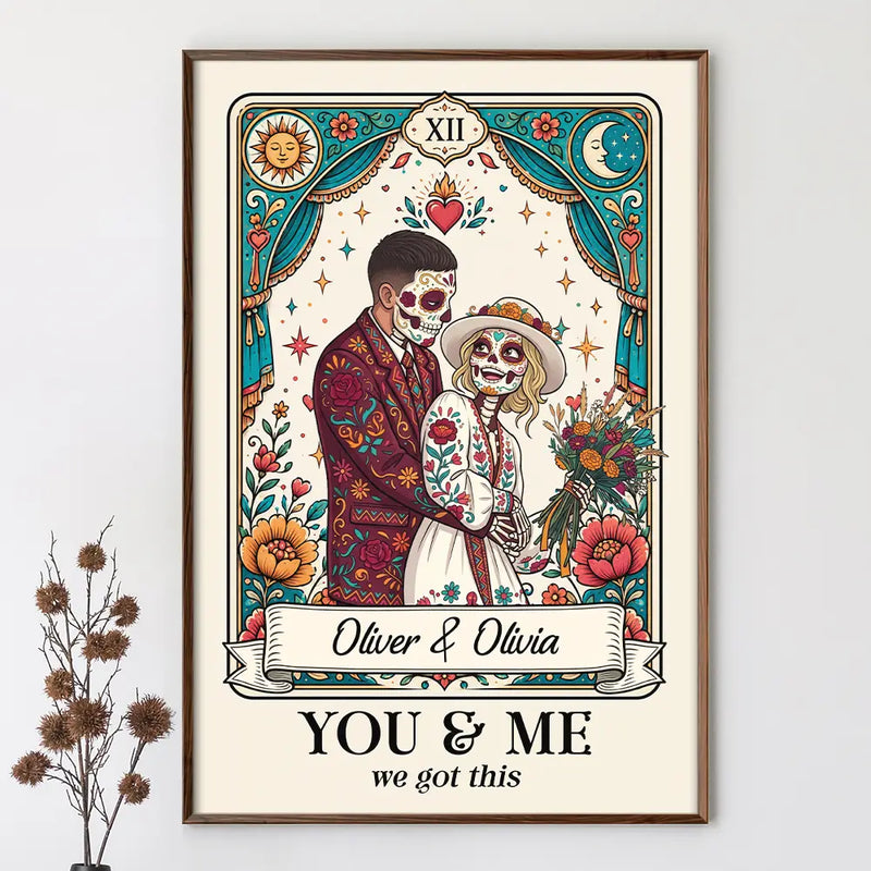 Art Design,Halloween,Romantic,Gift For Couples,Photo - Skeleton Day Of The Dead - Custom Photo Sugar Skull Cartoon Couple Till Death Do Us Part - Personalized Poster