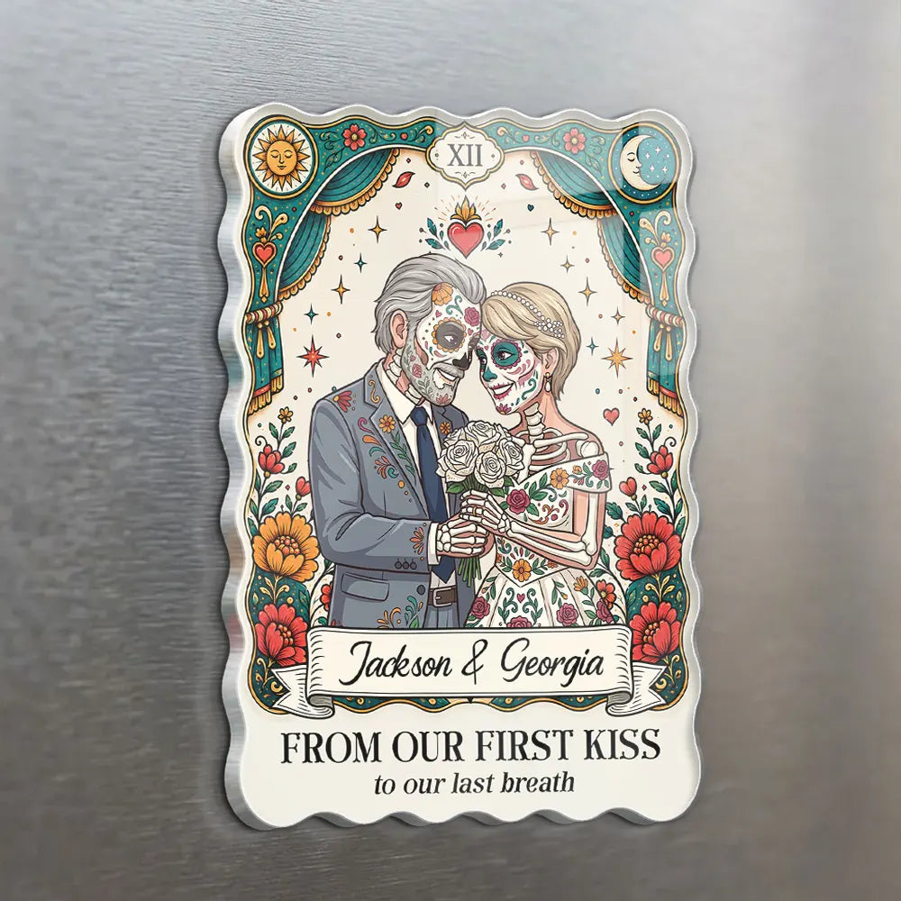 Art Design,Halloween,Romantic,Gift For Couples,Photo - Skeleton Day Of The Dead - Custom Photo Sugar Skull Cartoon Couple Till Death Do Us Part - Personalized Acrylic Magnet