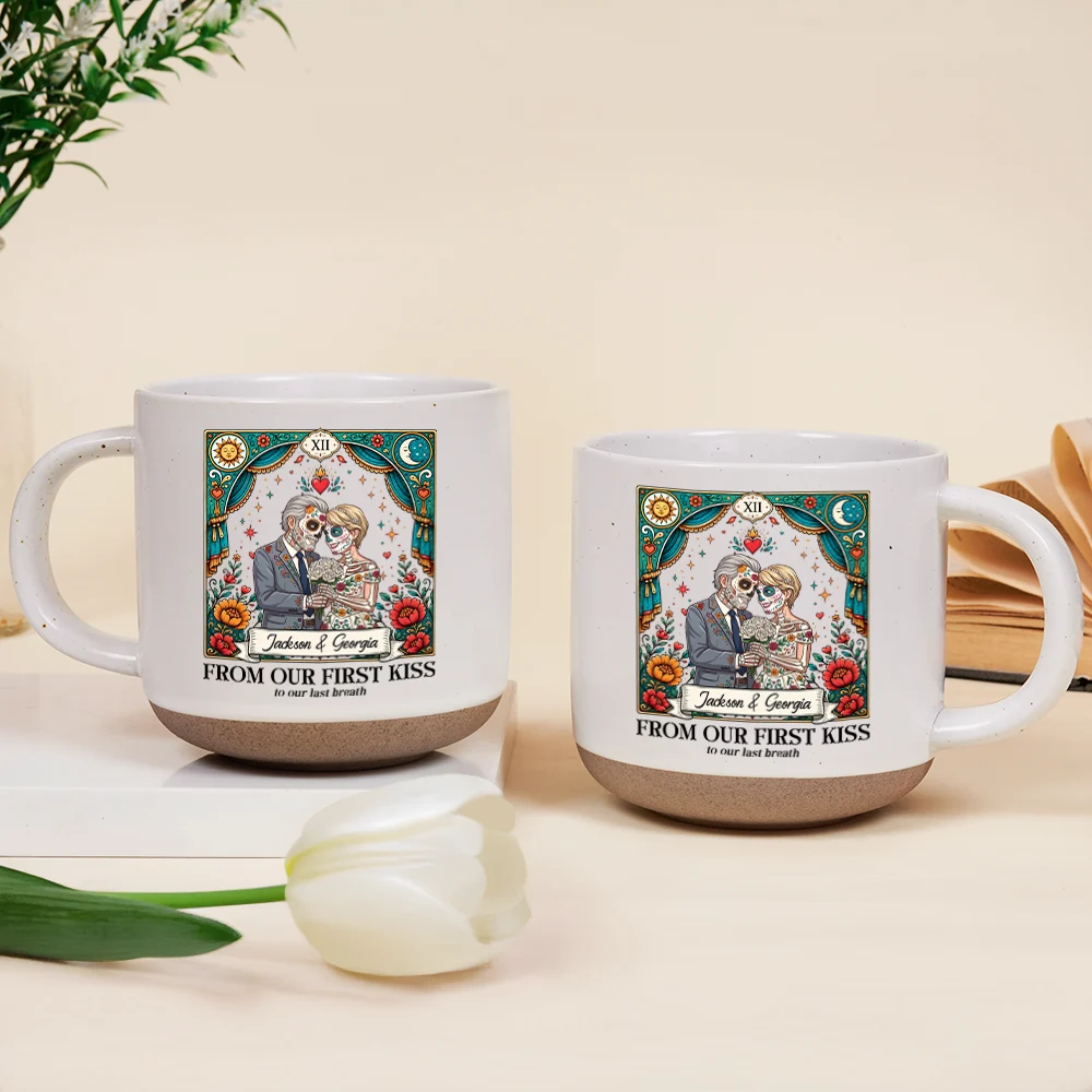 Art Design,Halloween,Romantic,Gift For Couples,Photo - Skeleton Day Of The Dead - Custom Photo Sugar Skull Cartoon Till Death Do Us Part - Personalized Pottery Mug