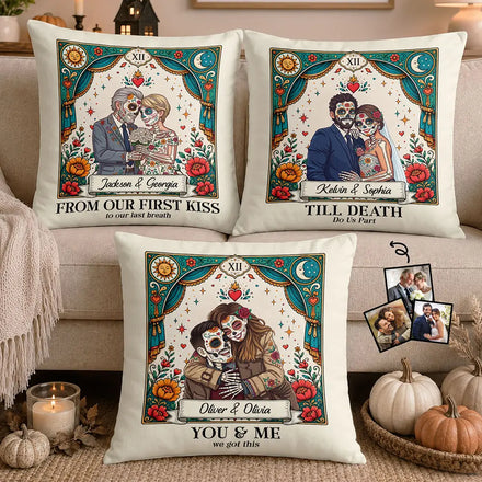 Custom Photo Sugar Skull Cartoon Till Death Do Us Part - Personalized Pillow