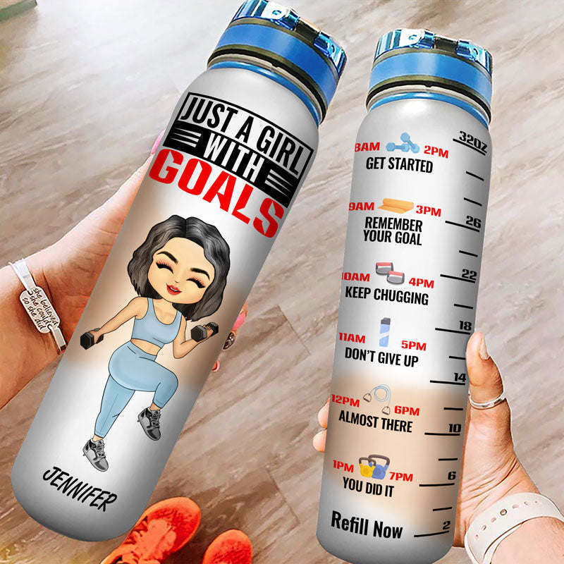Gym Bottle Lifing Chibi Girl With Goals - Personalized Custom Water Tracker Bottle