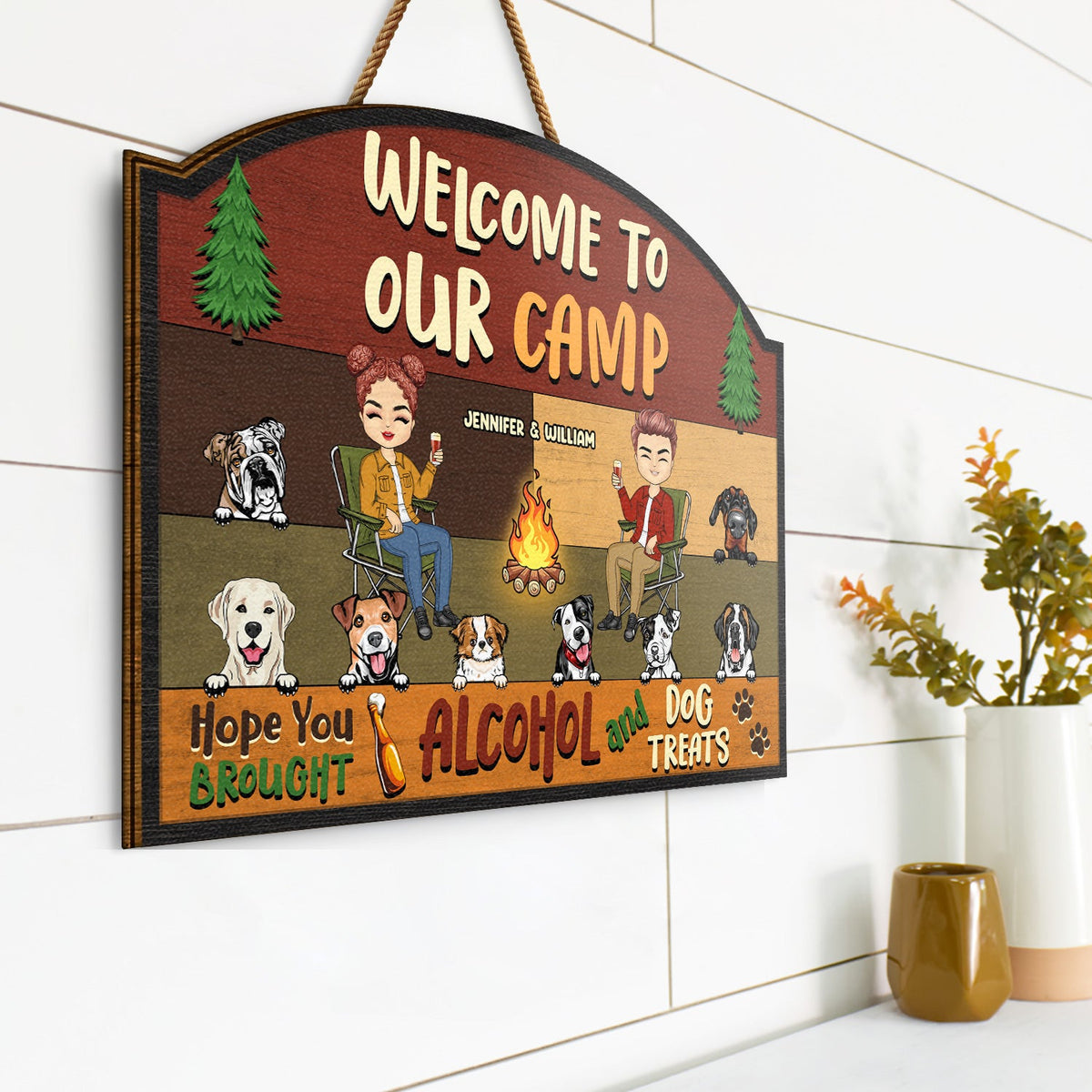 Bienvenue sur notre camping Friandises pour chiens - Cadeau pour couples - Panneau en bois personnalisé en forme de cœur