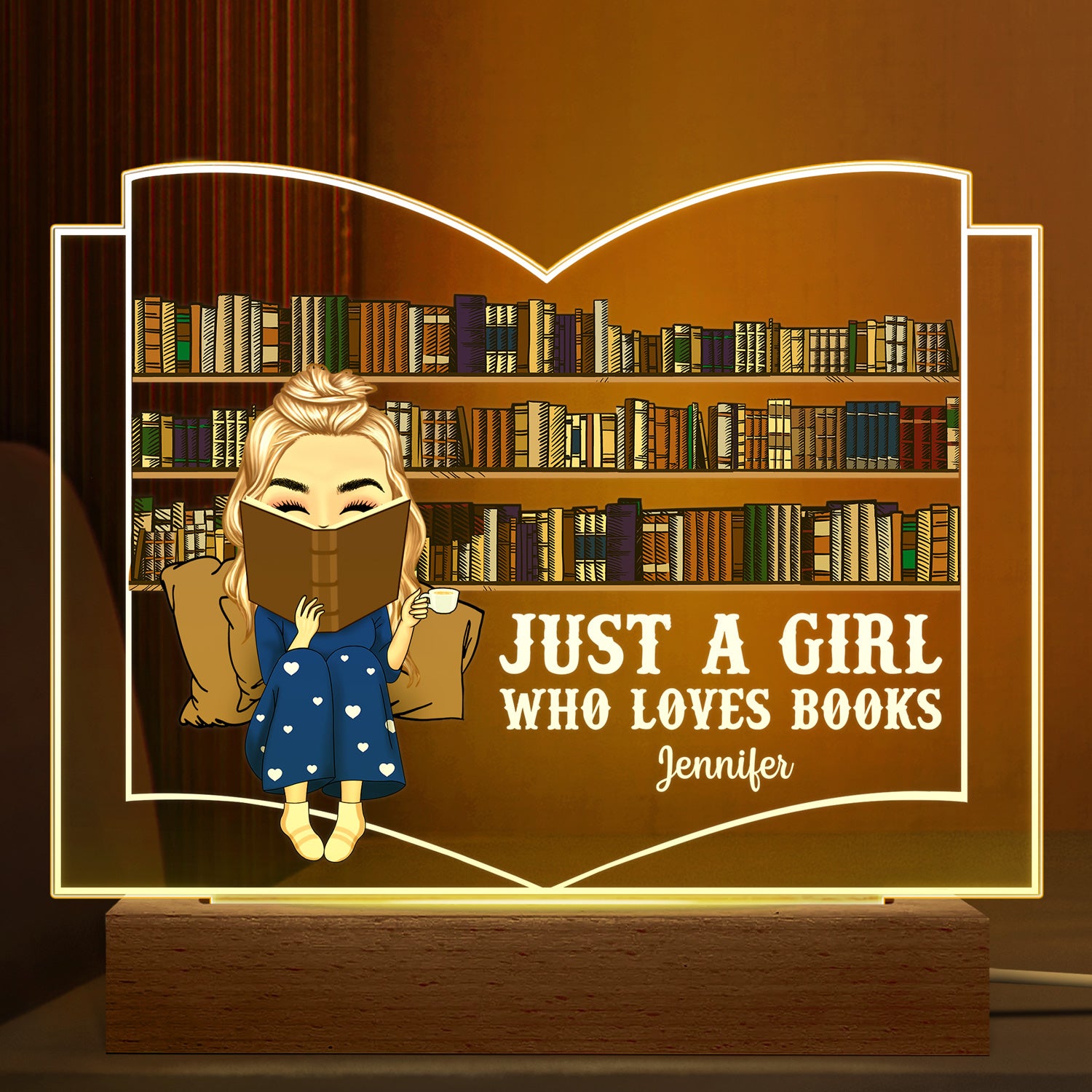 Reading Just A Girl Who Loves Books - Gift For Book Lovers, Gift For Yourself - Personalized Custom 3D Led Light Wooden Base