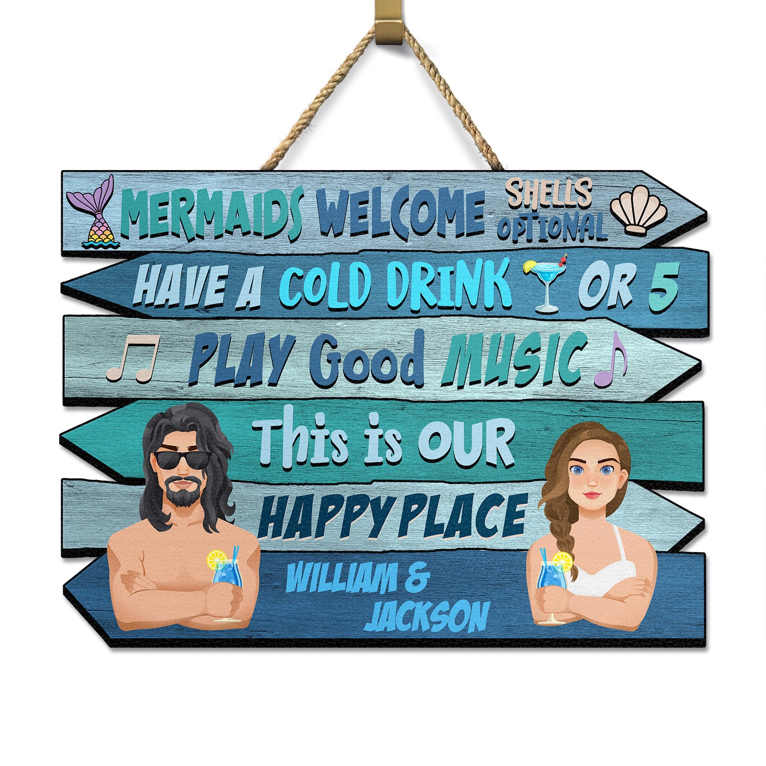 Mermaids Welcome - Swimming Pool Decoration For Couples - Personalized Custom Shaped Wood Sign