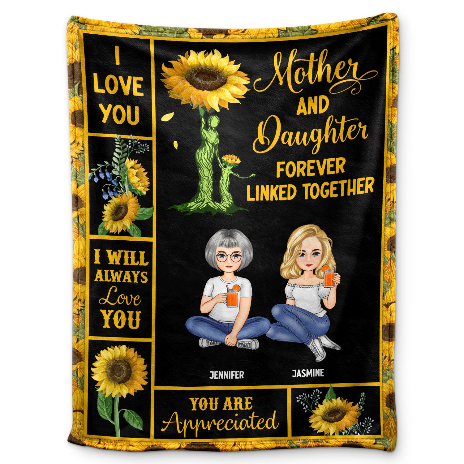 Mother & Children Sunflower Forever Linked Together - Gift For Mother - Personalized Fleece Blanket